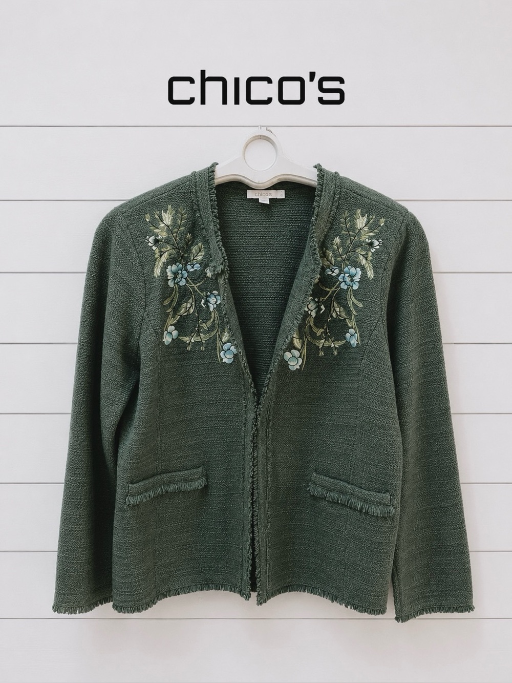CHICO’S – GREEN EMBROIDERED KNIT JACKET – SIZE 3 (XL)
